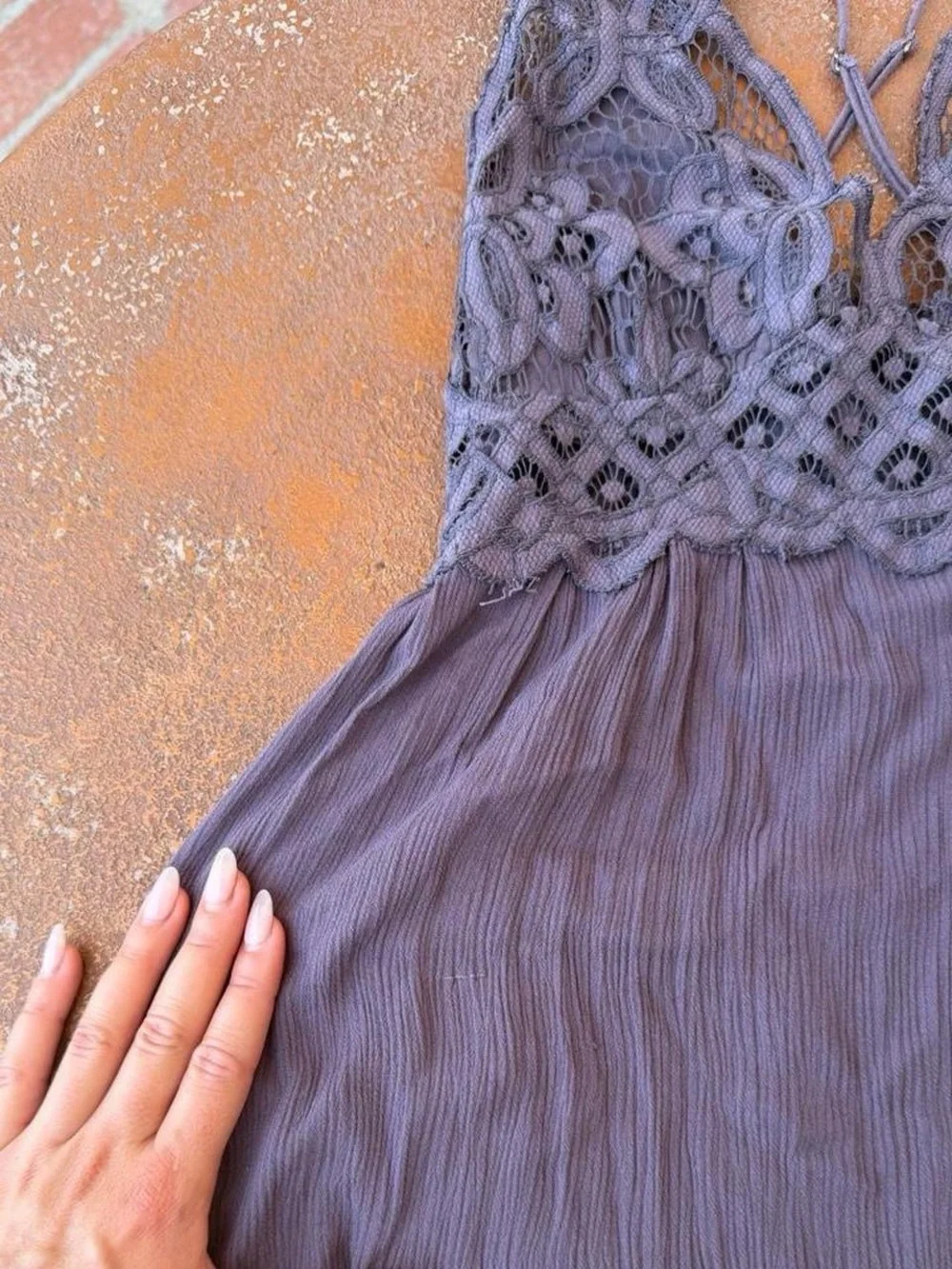 Free People Adella One Slip Dress in gray with lace detailing & ruffled hem sz s